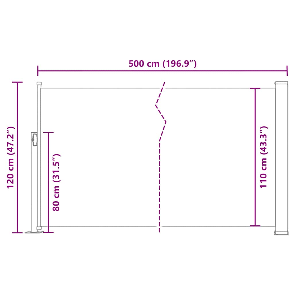 Zatahovací boční markýza/zástěna na terasu 120 x 500 cm černá