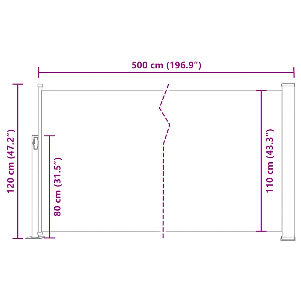 Zatahovací boční markýza/zástěna na terasu 120 x 500 cm hnědá