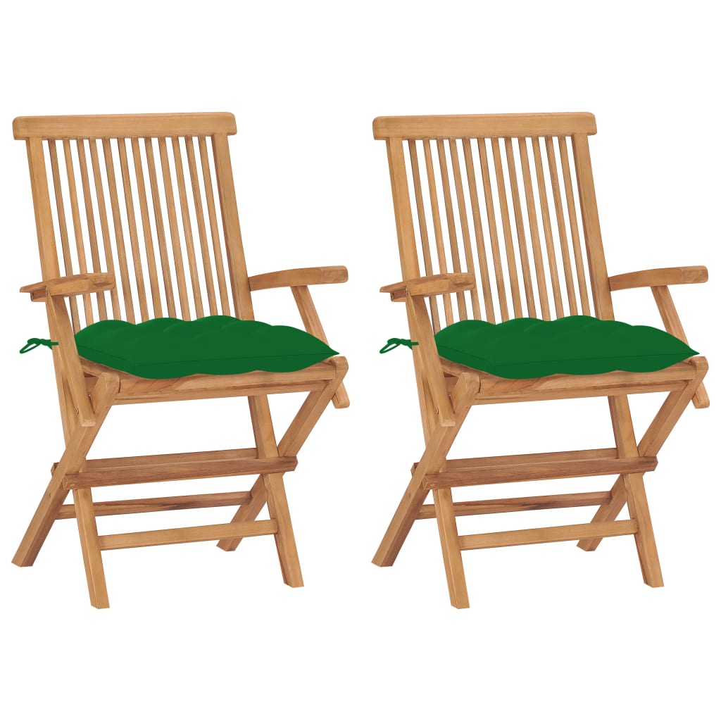 Zahradní židle se zelenými poduškami 2 ks masivní teak