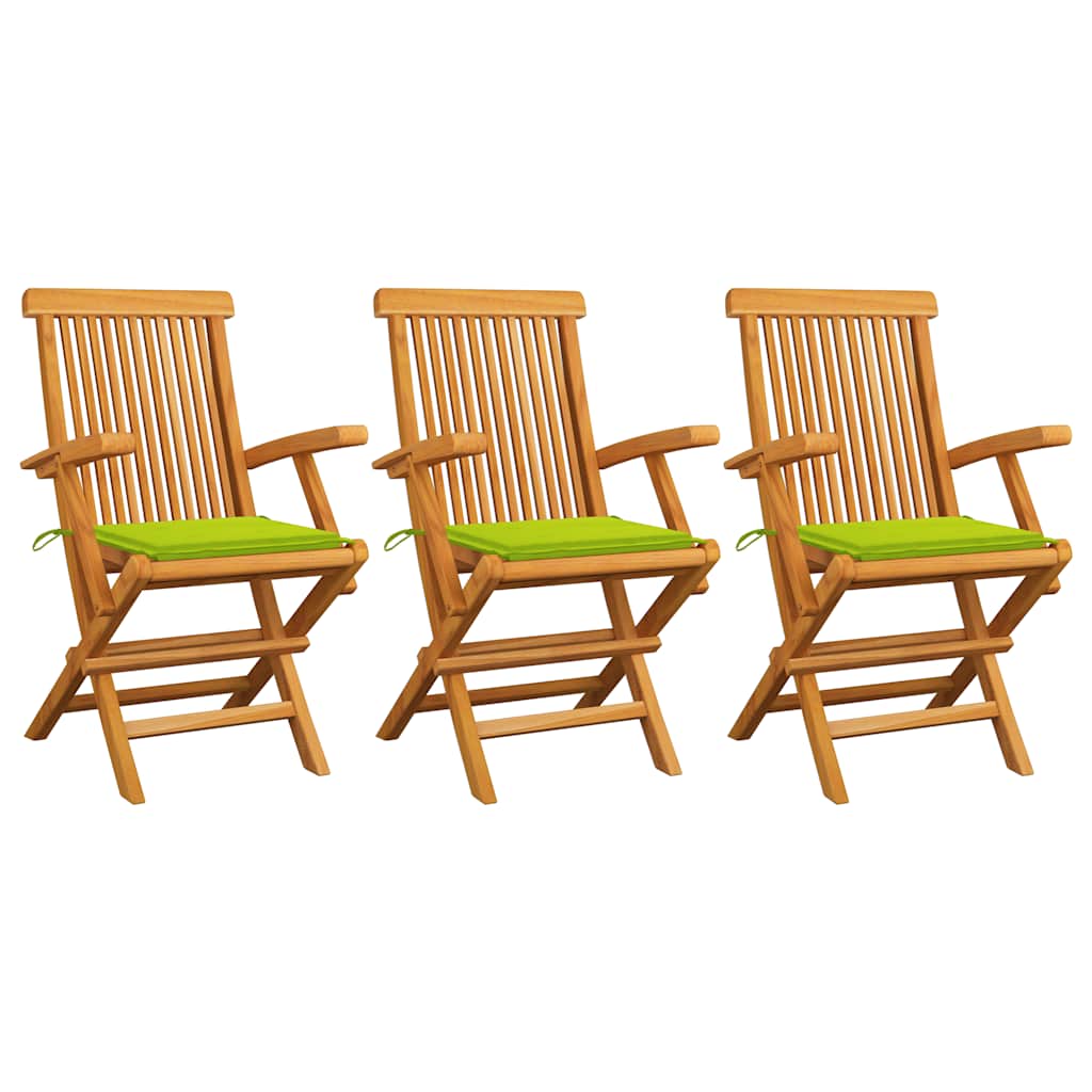 Zahradní židle s jasně zelenými poduškami 3 ks masivní teak