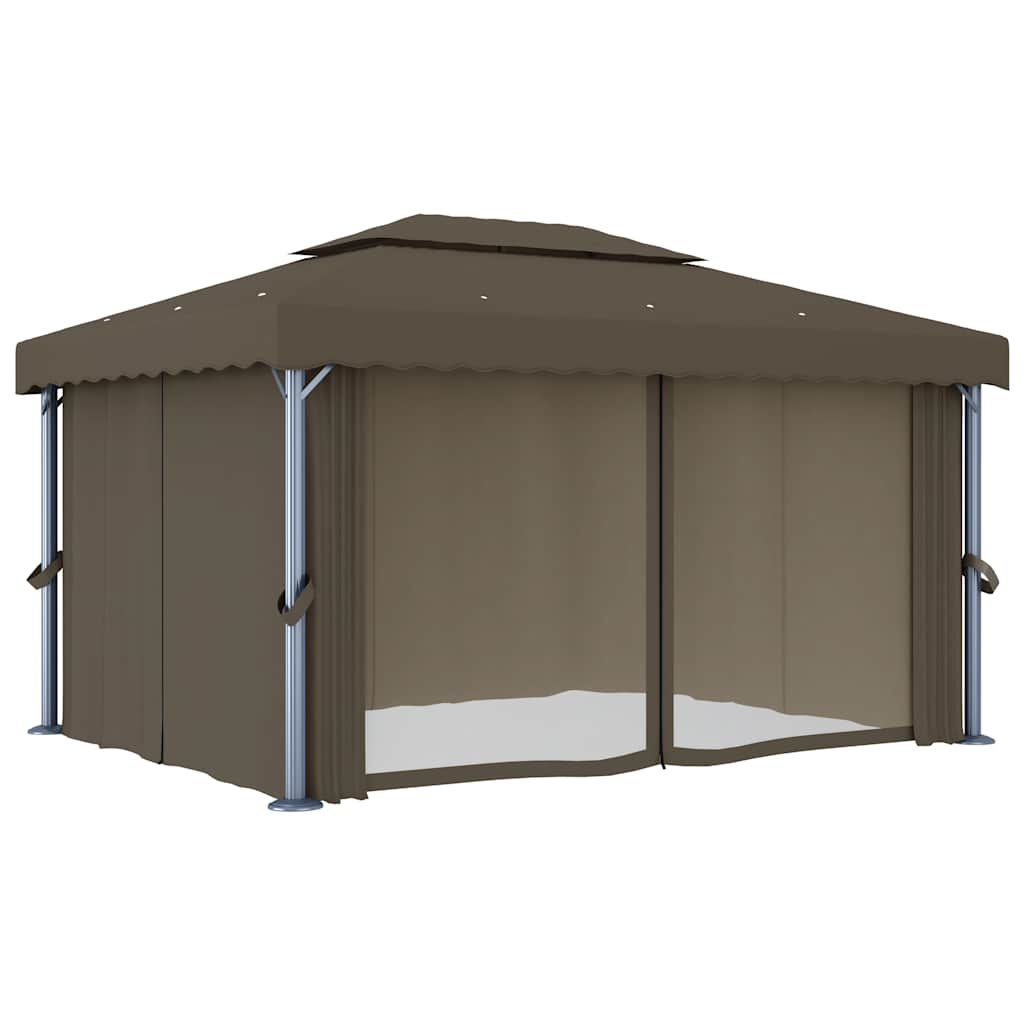 Altán se závěsy a světelnými LED řetězy 4 x 3 m taupe