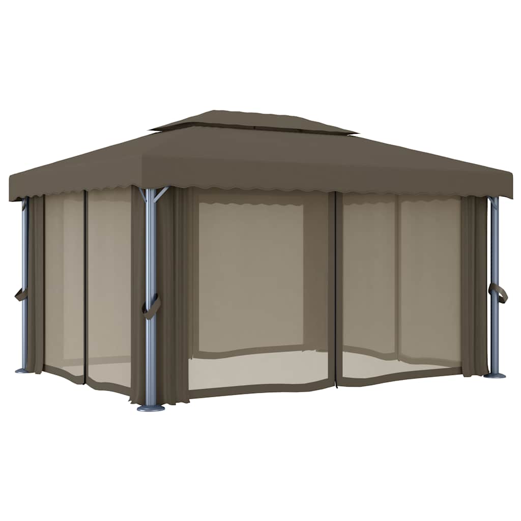 Altán se závěsy a světelnými LED řetězy 4 x 3 m taupe