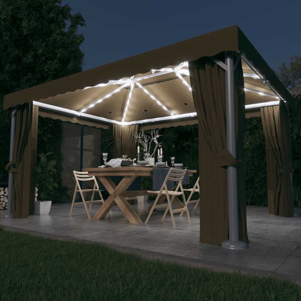Altán se závěsy a světelnými LED řetězy 4 x 3 m taupe