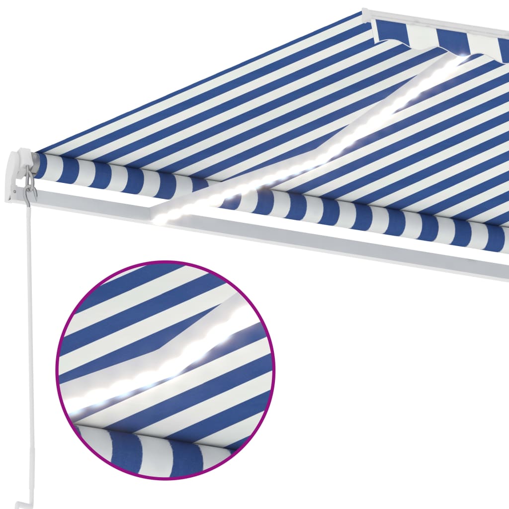 Ručně zatahovací markýza s LED světlem 450 x 300 cm modrobílá