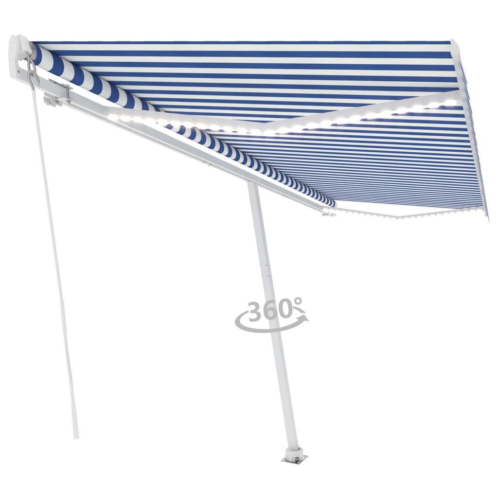 Ručně zatahovací markýza s LED světlem 500x300 cm modrobílá