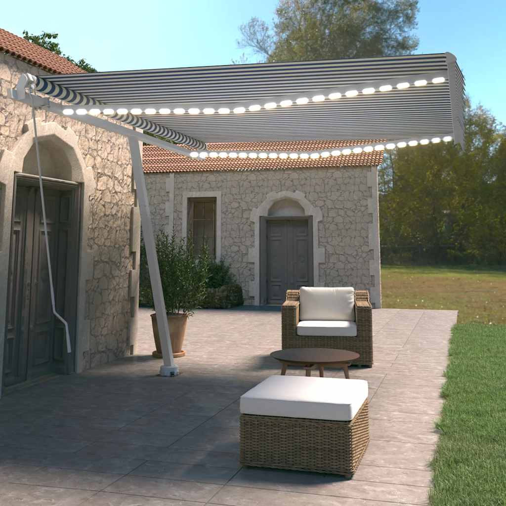 Ručně zatahovací markýza s LED světlem 400 x 350 cm modrobílá