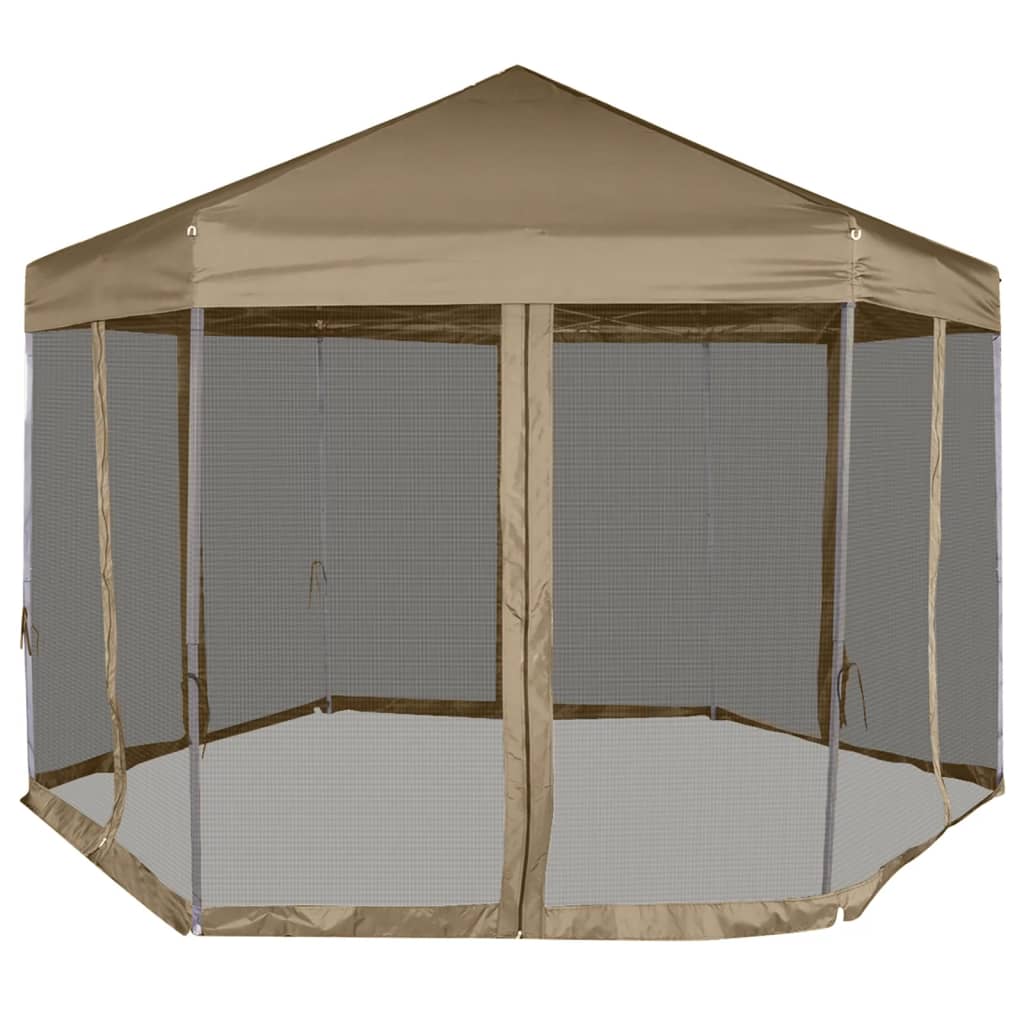 Šestihranný pop-up stan s bočnicemi 3,6 x 3,1 m taupe 220 g/m²