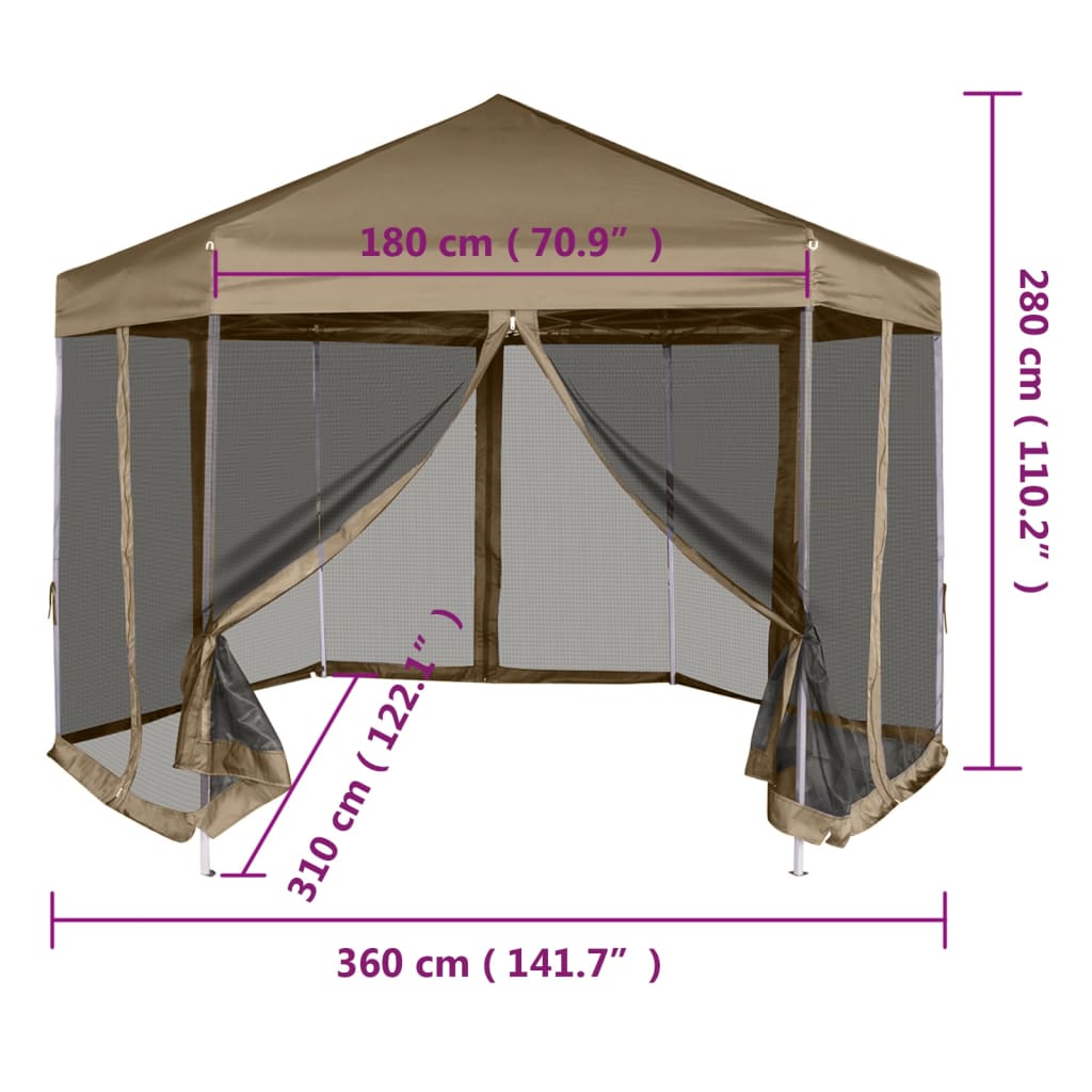 Šestihranný pop-up stan s bočnicemi 3,6 x 3,1 m taupe 220 g/m²
