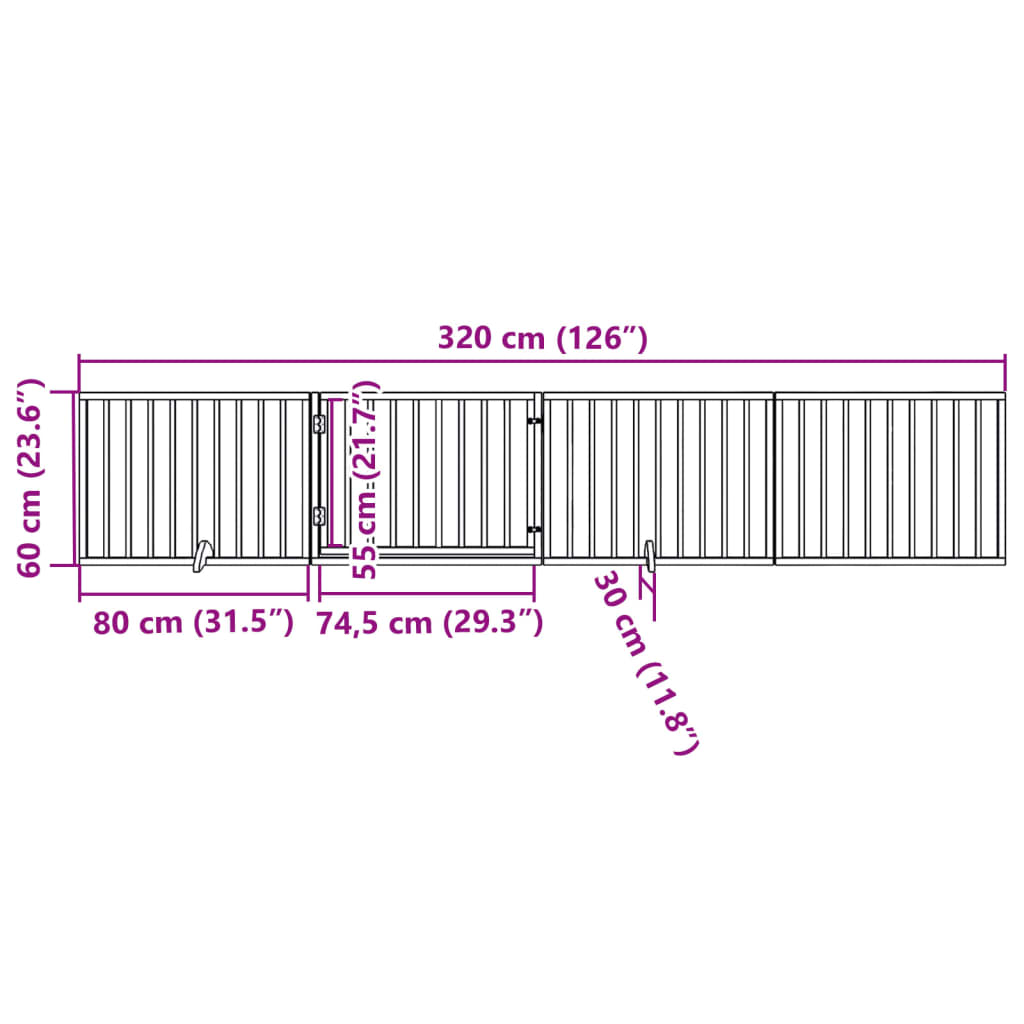 Psí branka s dvířky, skládací, 4 panely, hnědá, 320 cm, topolové dřevo