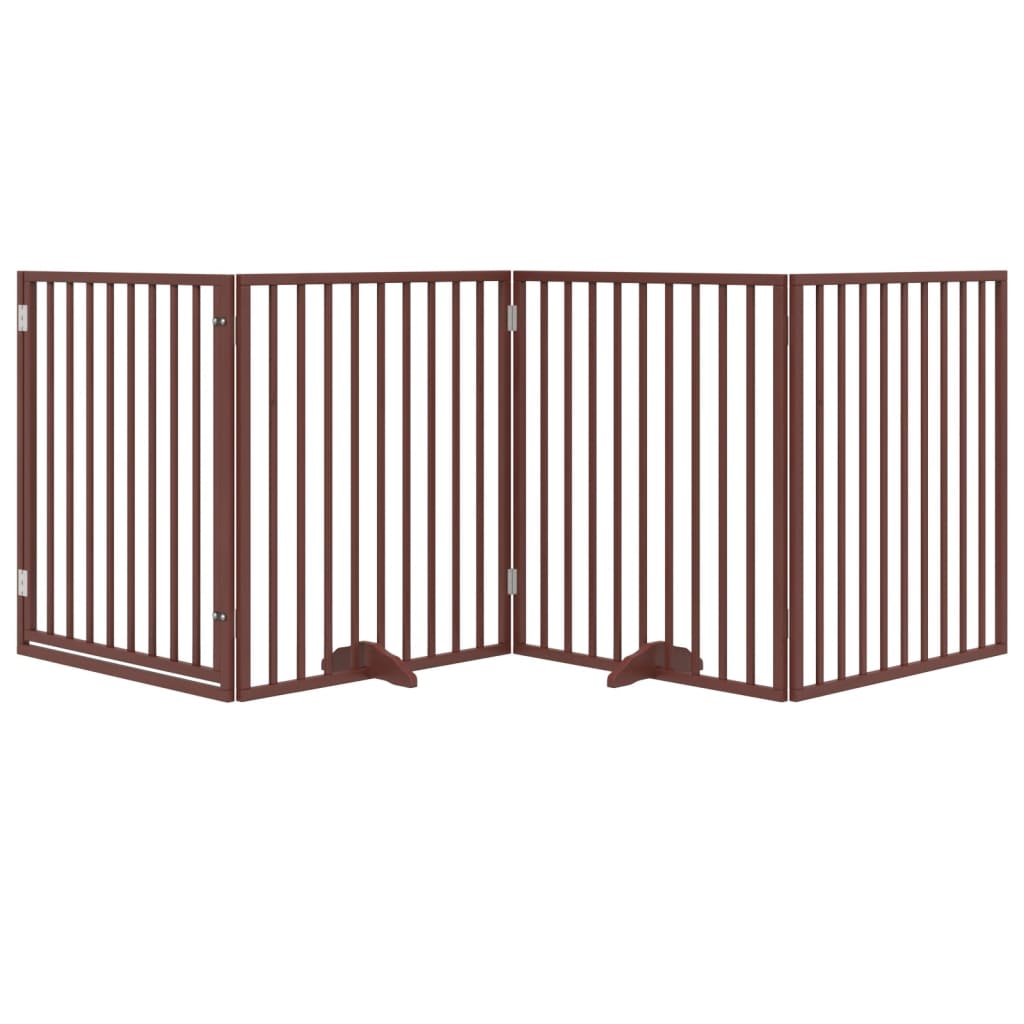 Psí branka s dvířky, skládací, 4 panely, hnědá, 320 cm, topolové dřevo