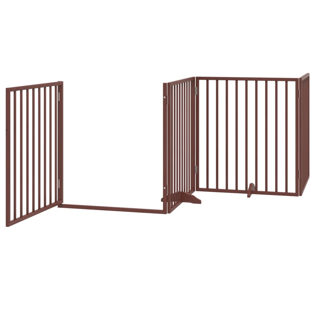 Psí branka s dvířky, skládací, 4 panely, hnědá, 320 cm, topolové dřevo