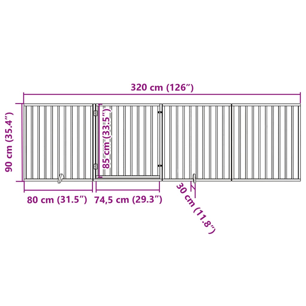Psí branka s dvířky, skládací, 4 panely, hnědá, 320 cm, topolové dřevo