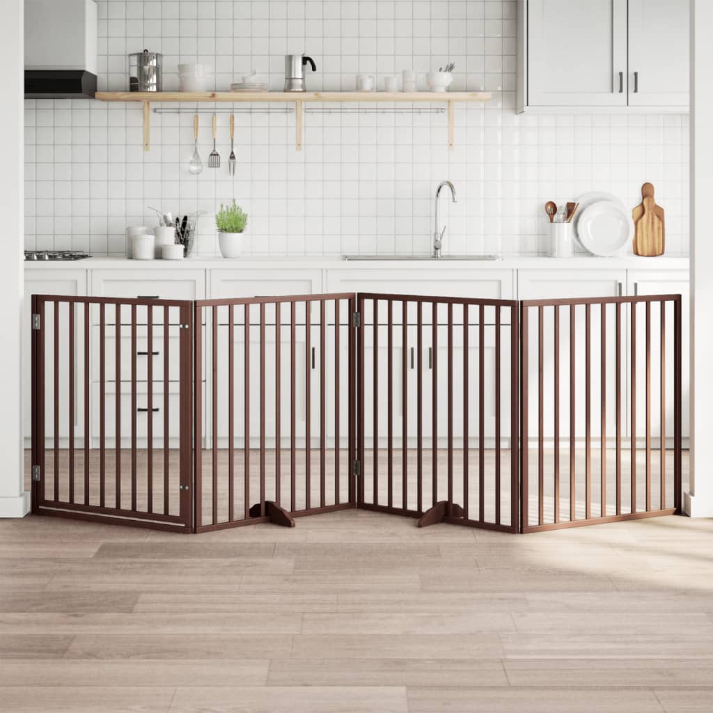 Psí branka s dvířky, skládací, 4 panely, hnědá, 320 cm, topolové dřevo