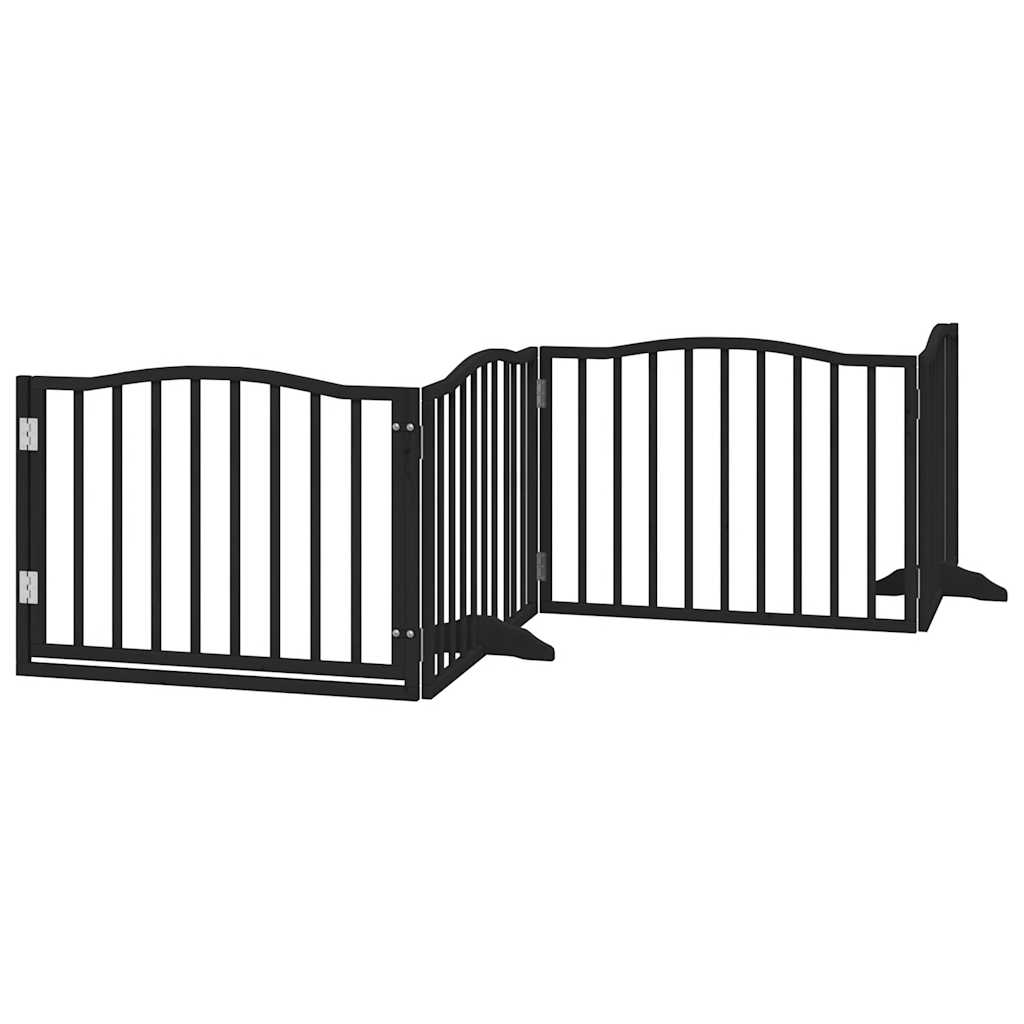 Psí branka s dvířky, skládací, 4 panely, černá, 320 cm, topolové dřevo