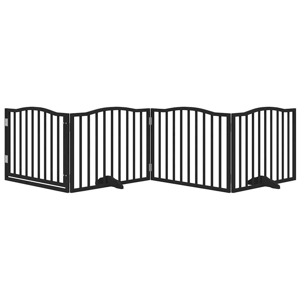 Psí branka s dvířky, skládací, 4 panely, černá, 320 cm, topolové dřevo