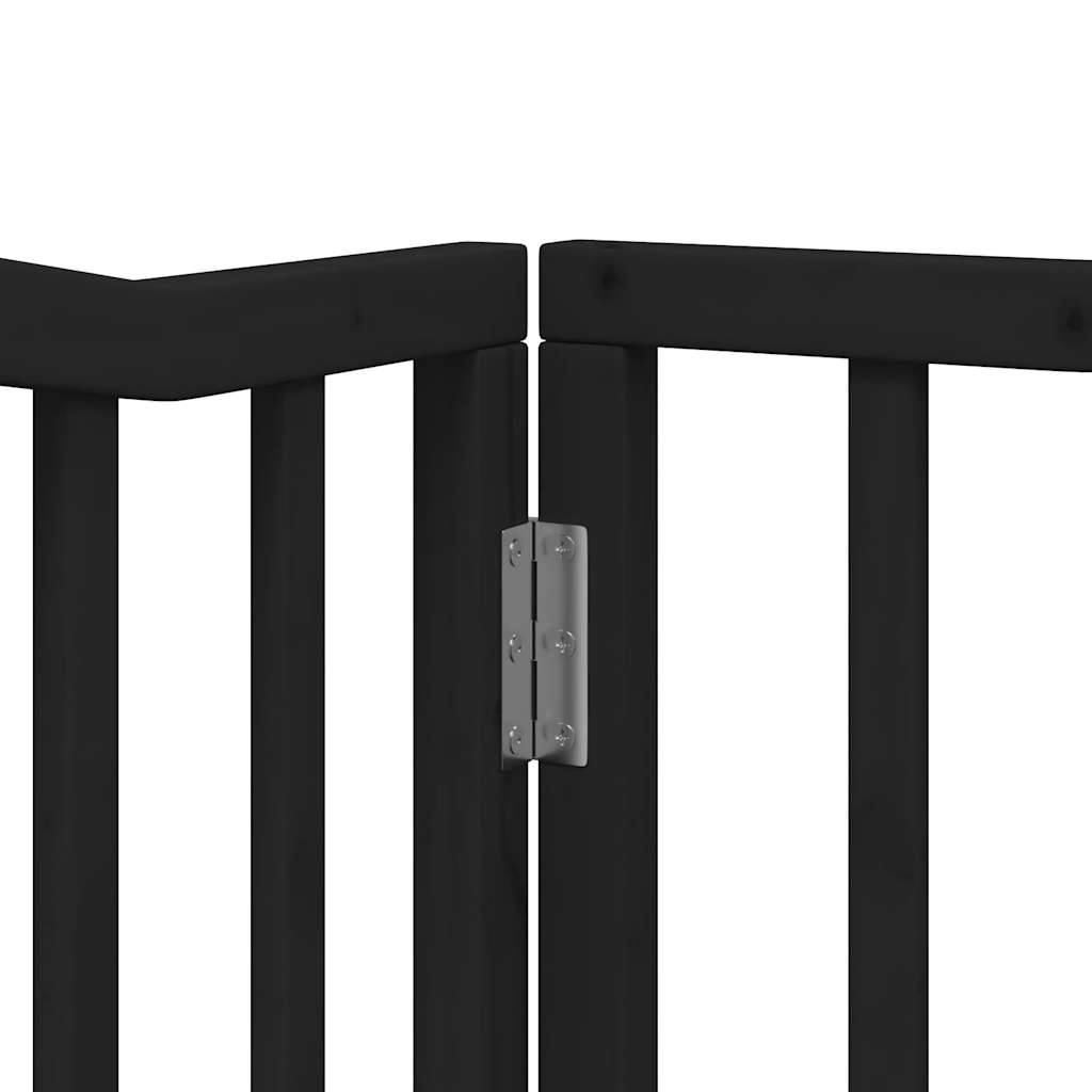 Psí branka s dvířky, skládací, 4 panely, černá, 320 cm, topolové dřevo