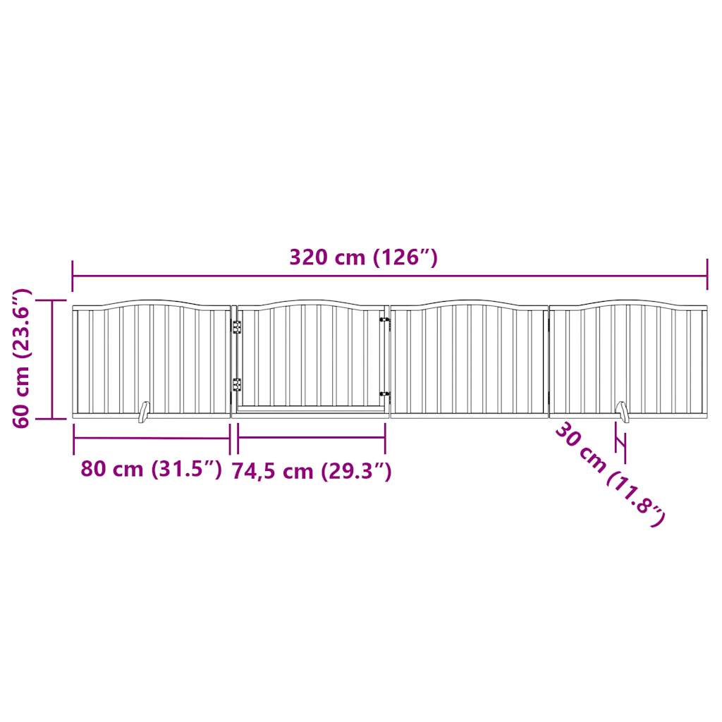 Psí branka s dvířky, skládací, 4 panely, černá, 320 cm, topolové dřevo