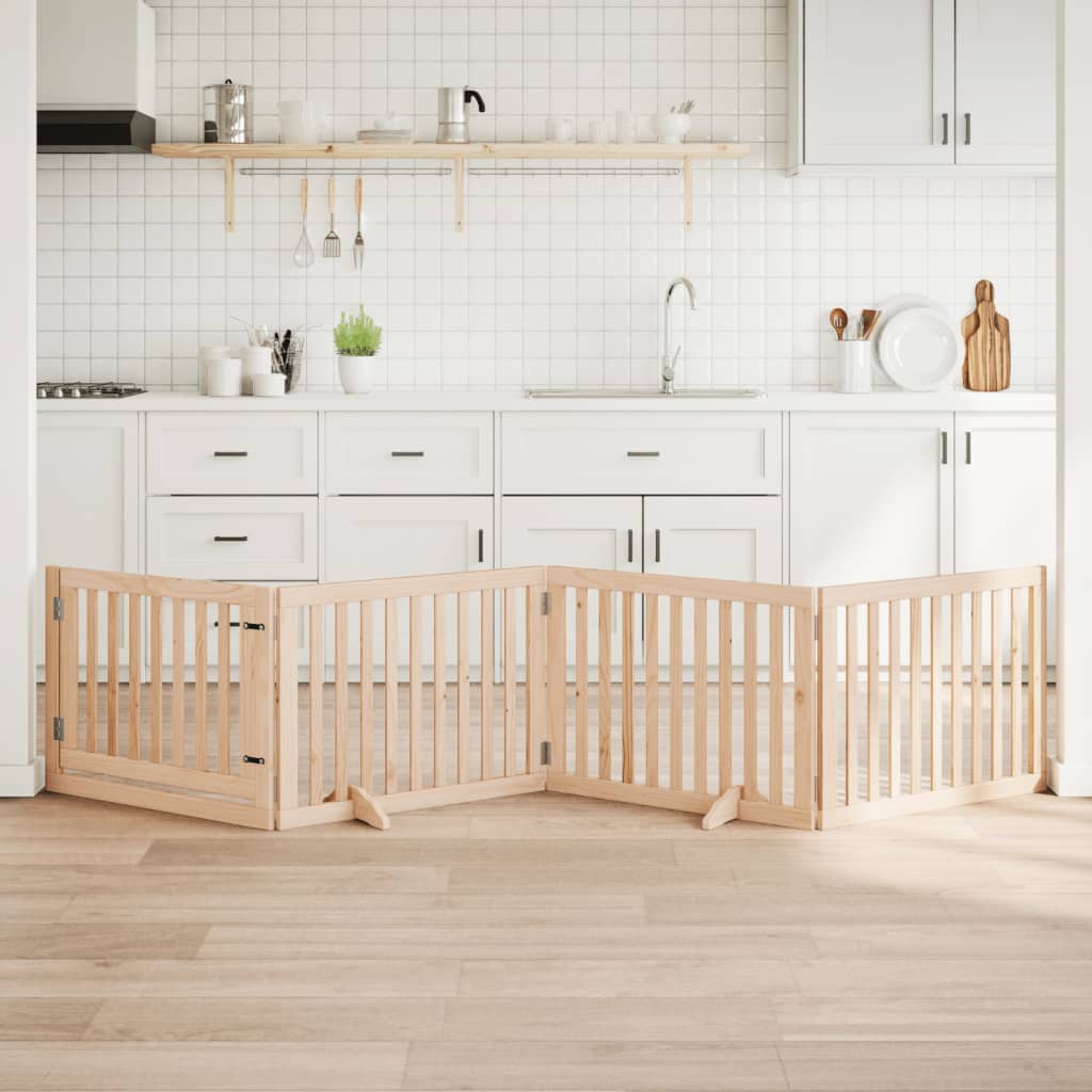 Psí branka s dvířky, skládací, 4 panely, 320 cm, topolové dřevo