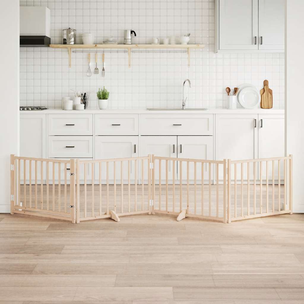 Zábrana pro psy s dvířky skládací 4 panely 320 cm masivní jedle