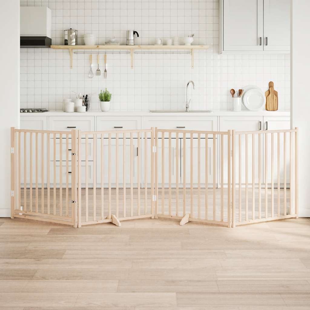 Psí branka s dvířky, skládací, 4 panely, 320 cm, masivní jedlové dřevo