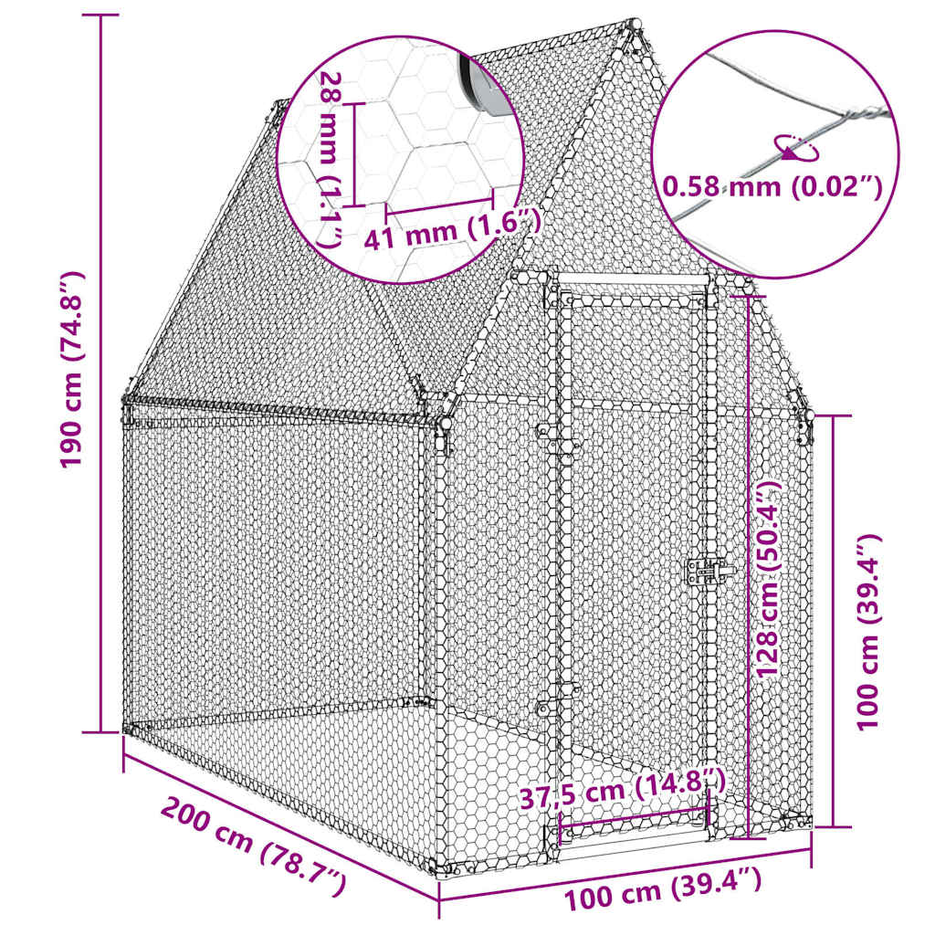 Klec pro kuřata stříbrná 200 x 100 x 190 cm pozinkovaná ocel
