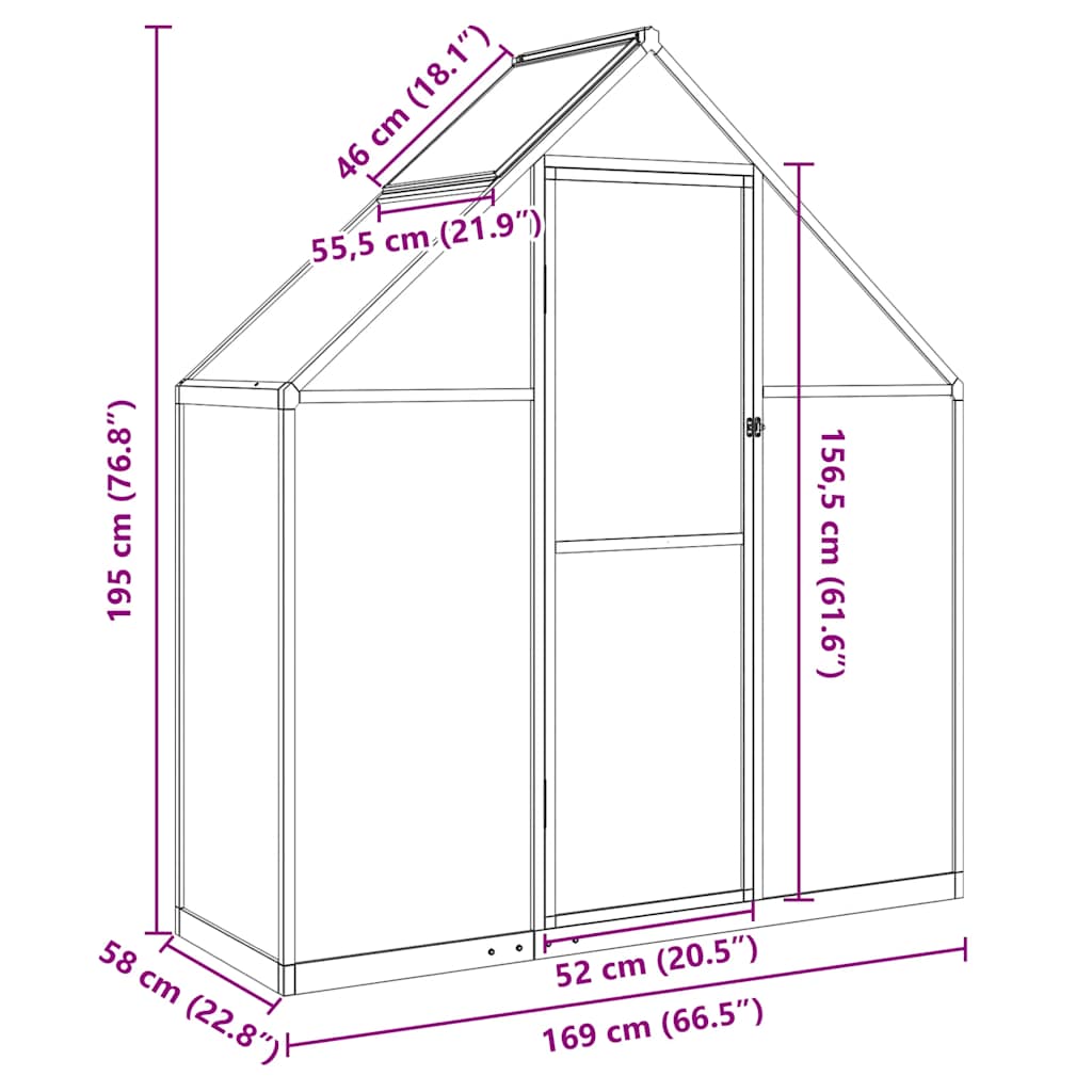 Skleník s podkladovým rámem antracitový 169x58x195 cm hliník