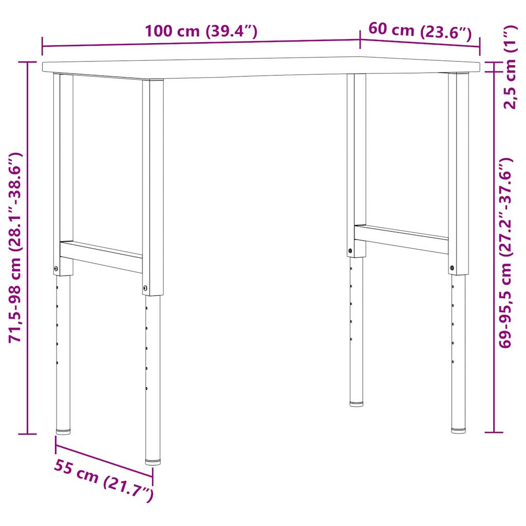Pracovní stůl tmavě hnědý 100 x 60 x (71,5–98) cm masivní dub