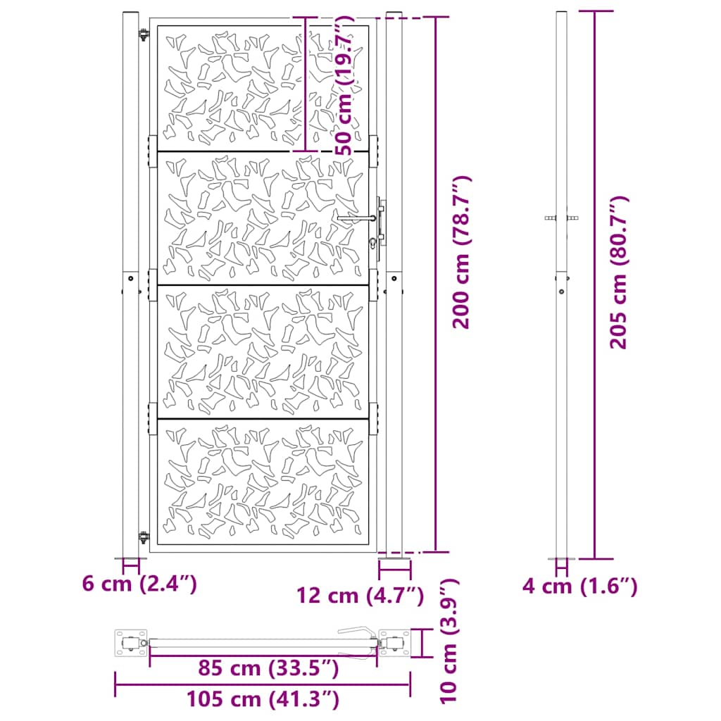 Zahradní branka 105x205 cm klimaticky odolný ocel design listů