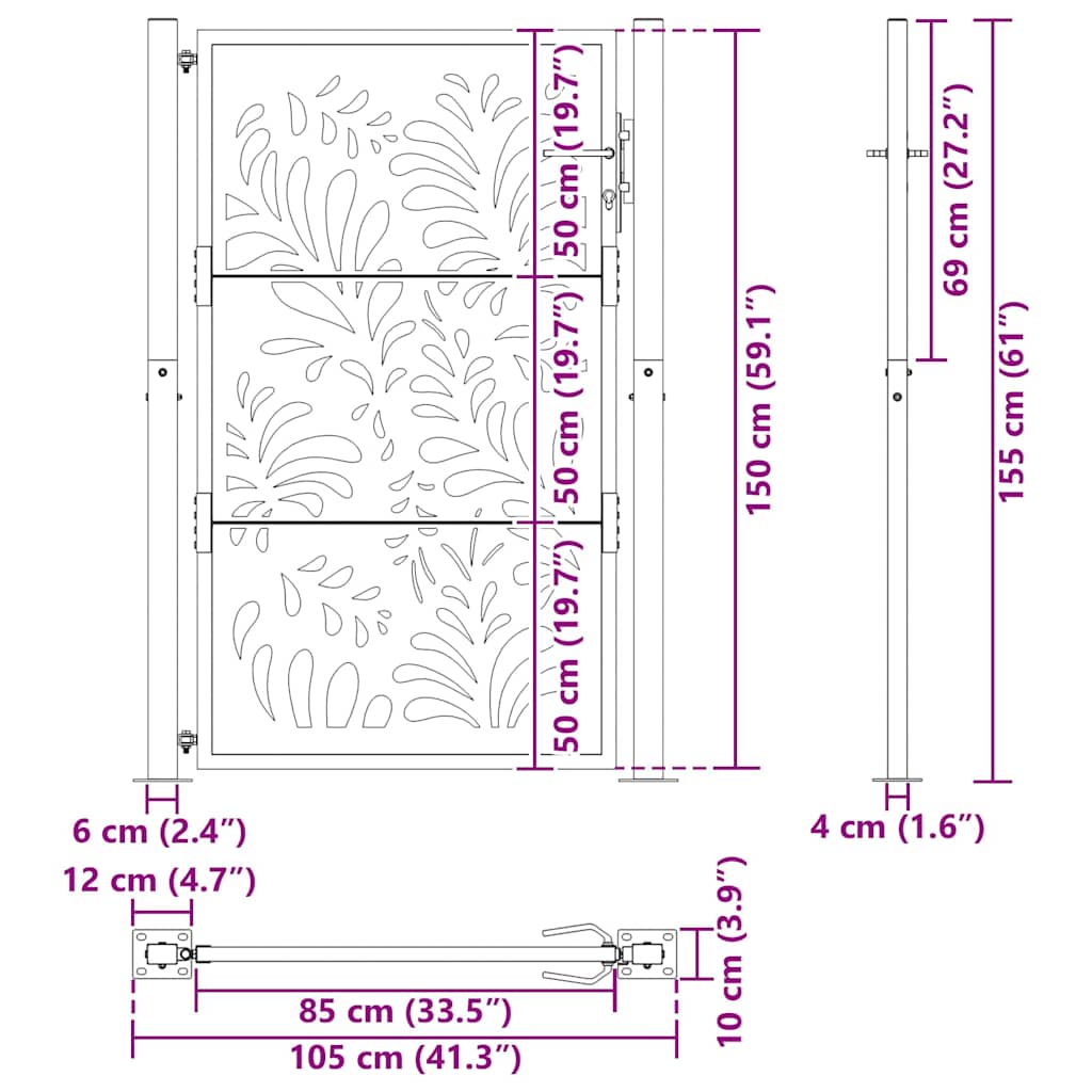 Zahradní branka 105x155 cm klimaticky odolný ocel design vlnek