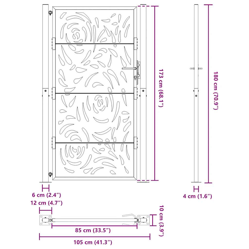 Zahradní branka 105x180 cm klimaticky odolný ocel design vlnek