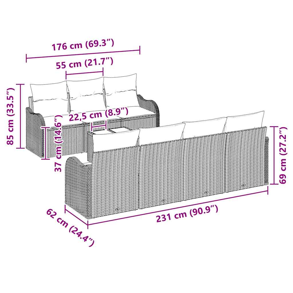 Sada zahradních pohovek 8 pcs Béžová 55 x 55 x 37 cm Poly ratan