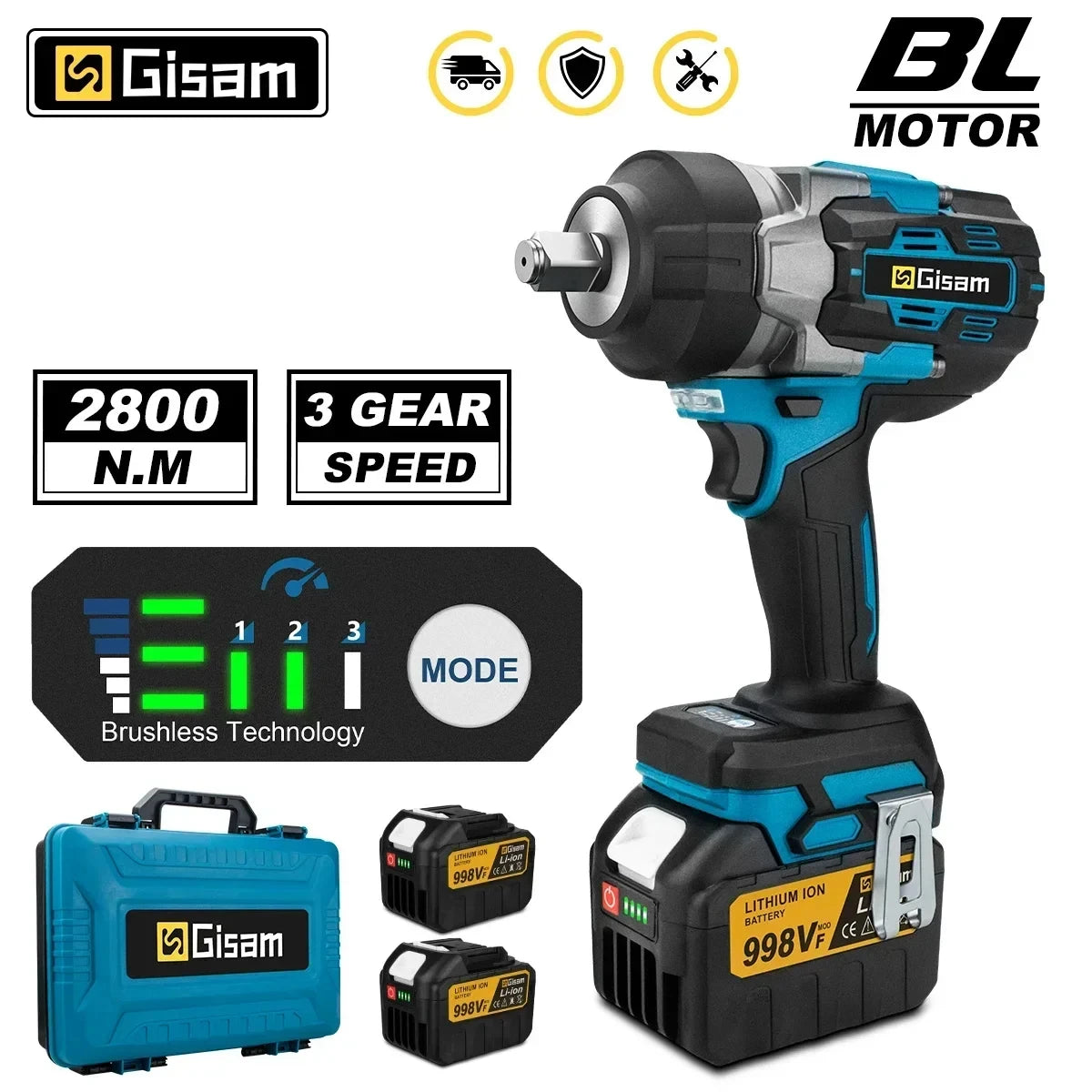 Gisam akumulátorový rázový utahovák 2800 Nm 2x baterie 18V + kufr