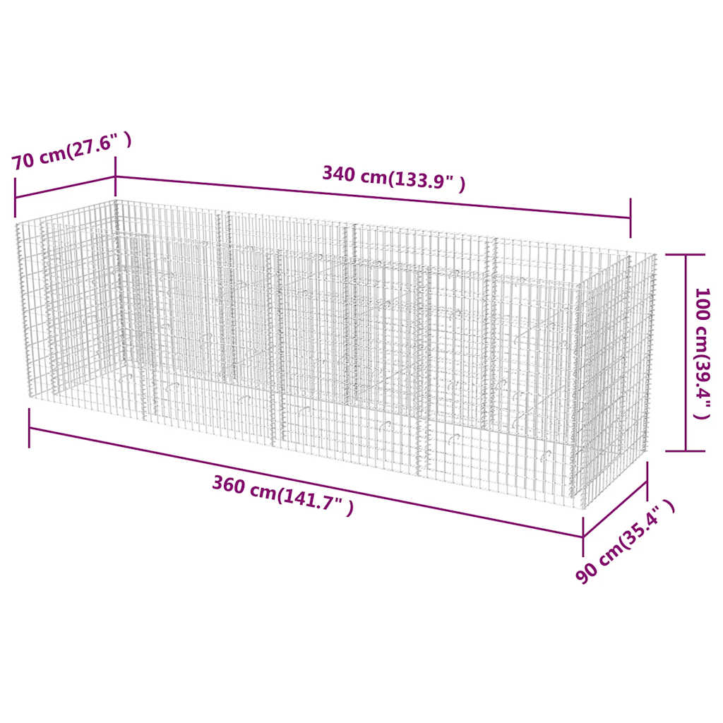 Gabionový vyvýšený záhon ocel 360 x 90 x 100 cm