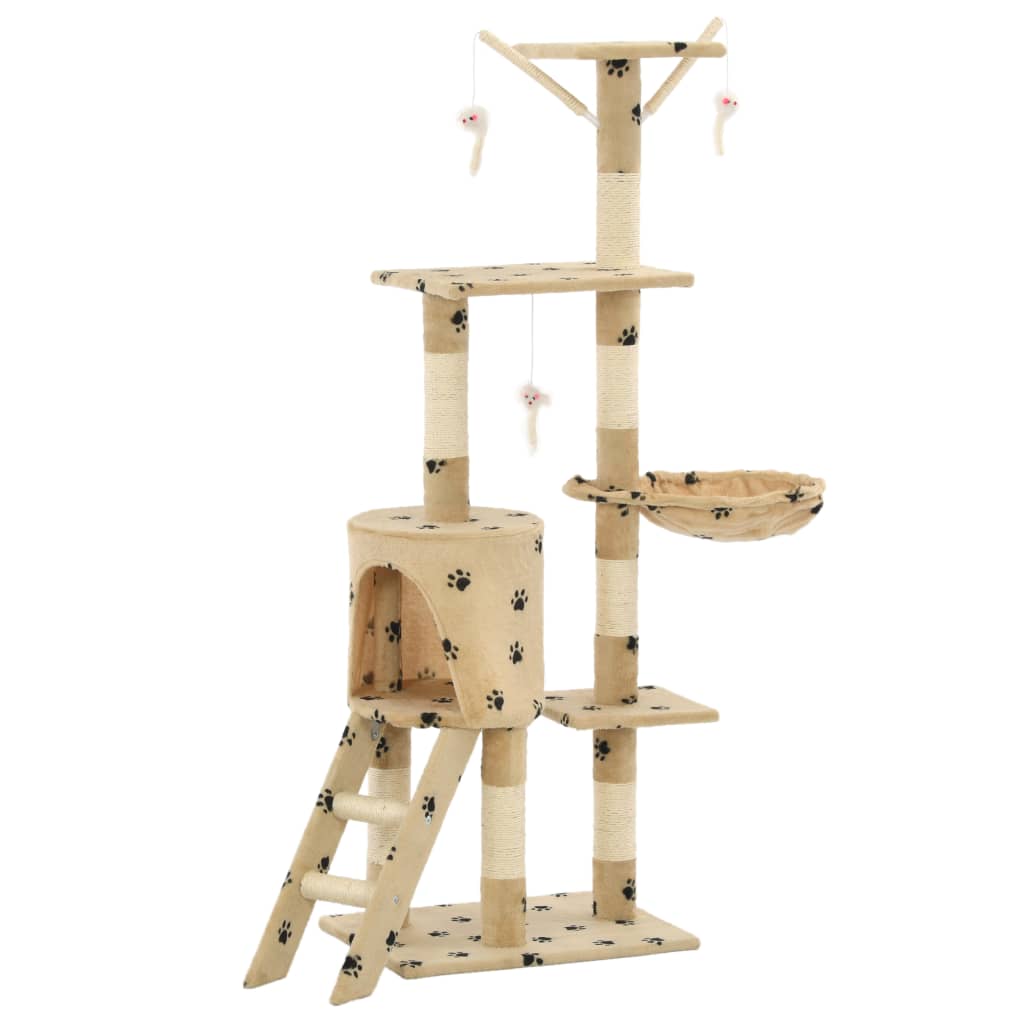 Škrabadlo pro kočky sisalové sloupky 138 cm béžové s tlapkami