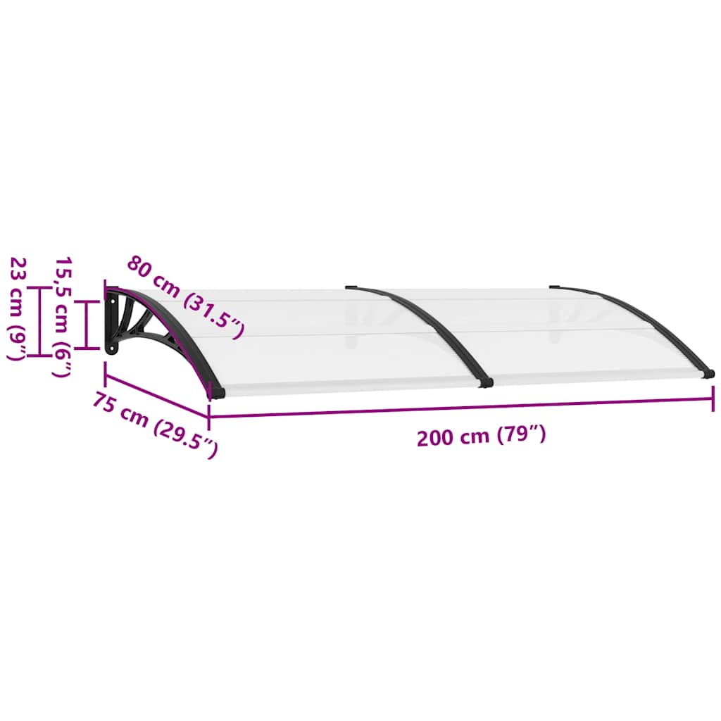 Vchodová stříška černá a průhledná 200 x 75 cm polykarbonát