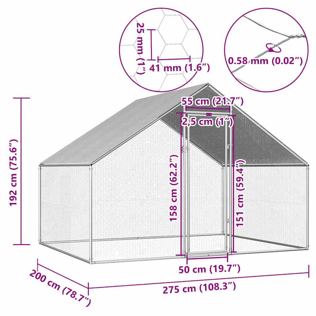 Venkovní klec pro kuřata 2,75 x 2 x 1,92 m pozinkovaná ocel