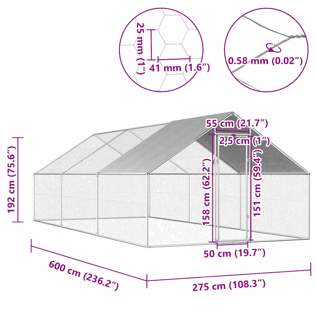 Venkovní klec pro kuřata 2,75 x 6 x 1,92 m pozinkovaná ocel