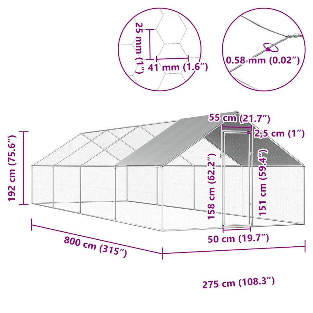 Venkovní klec pro kuřata 2,75 x 8 x 1,92 m pozinkovaná ocel