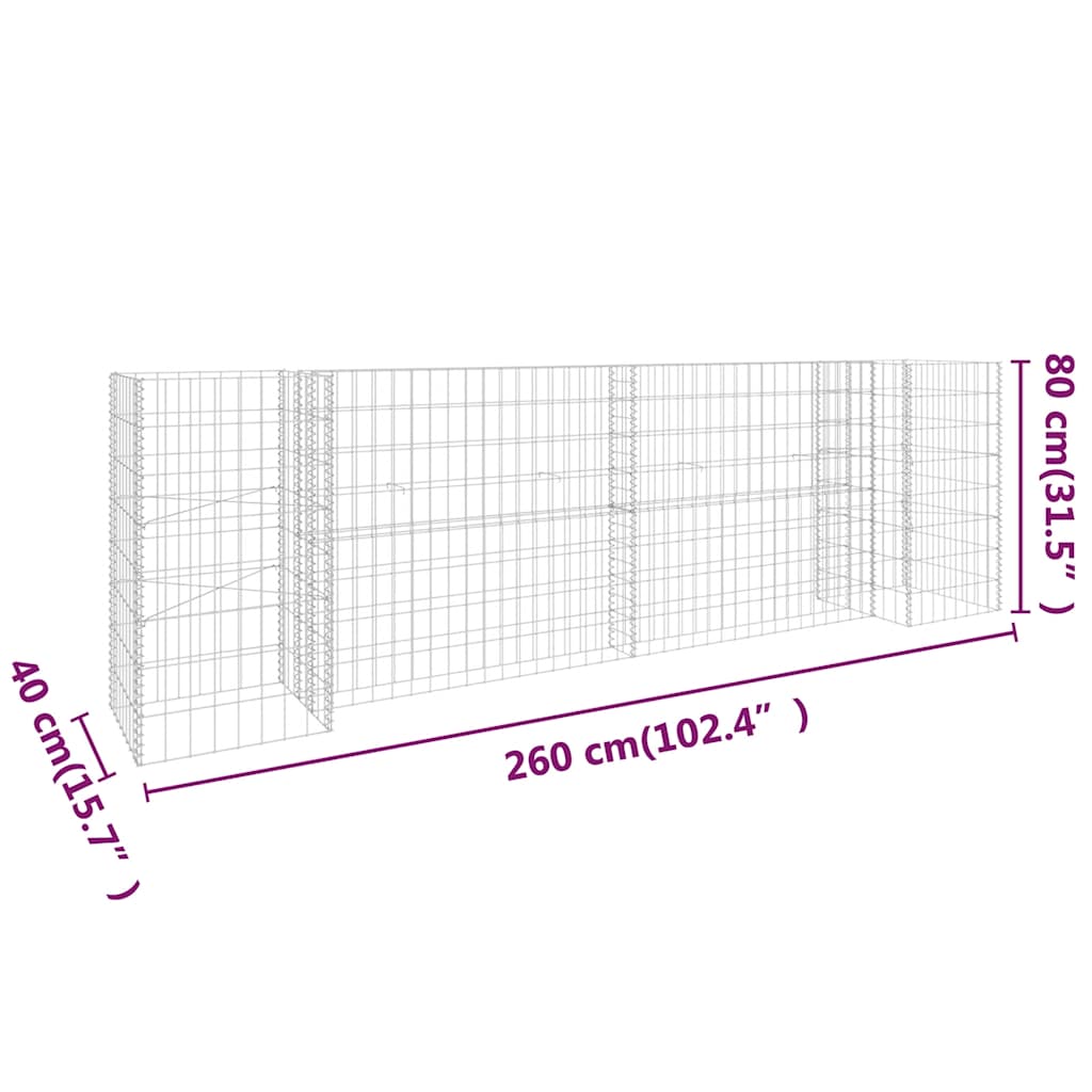 Gabionový truhlík ve tvaru písmene H ocelový drát 260x40x80 cm