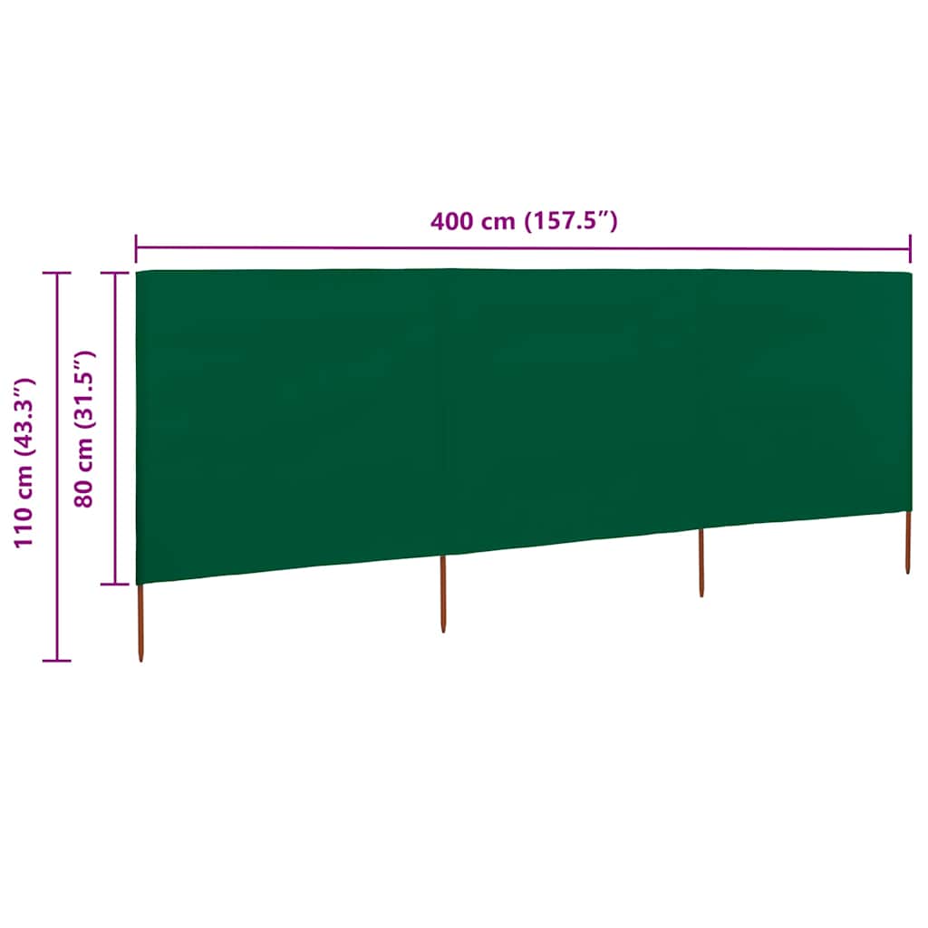 3dílná zástěna proti větru textil 400 x 80 cm zelená