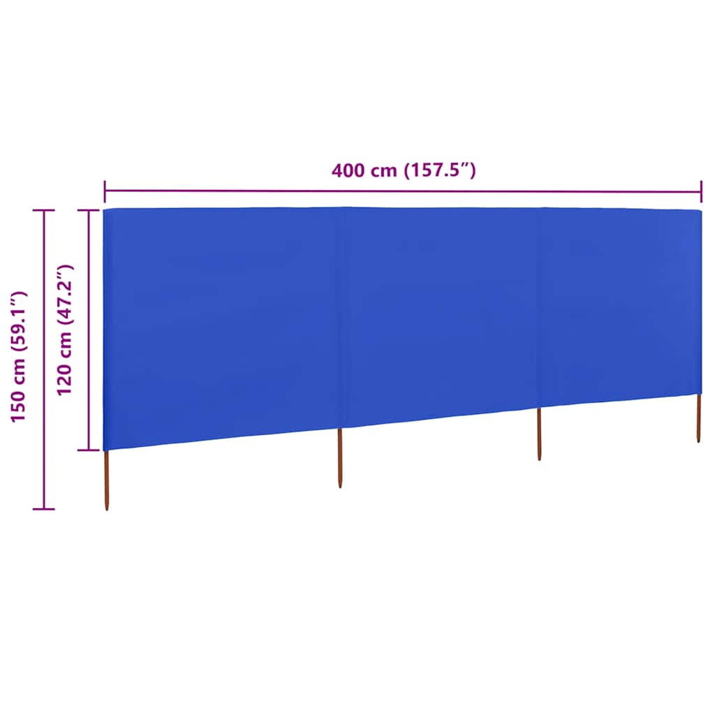 3dílná zástěna proti větru látková 400 x 120 cm azurově modrá