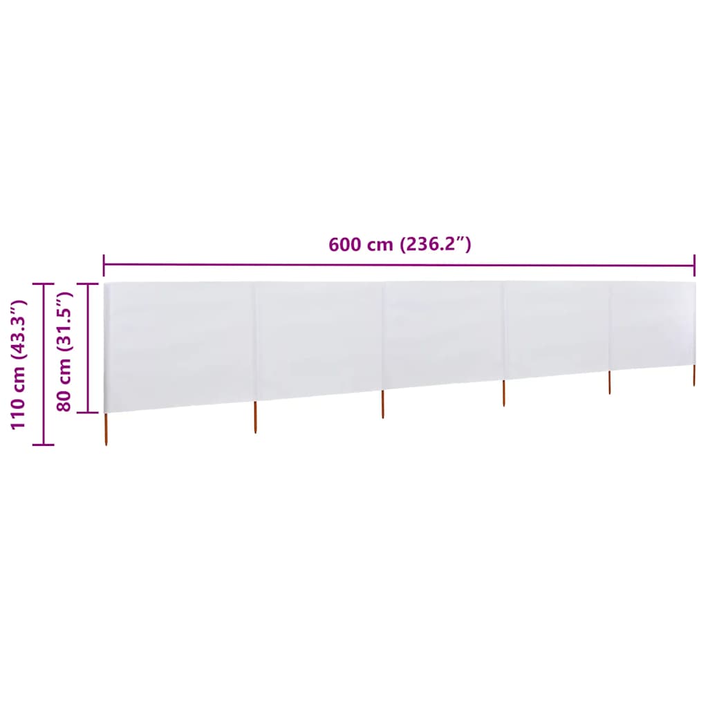 5dílná zástěna proti větru látková 600 x 80 cm pískově bílá
