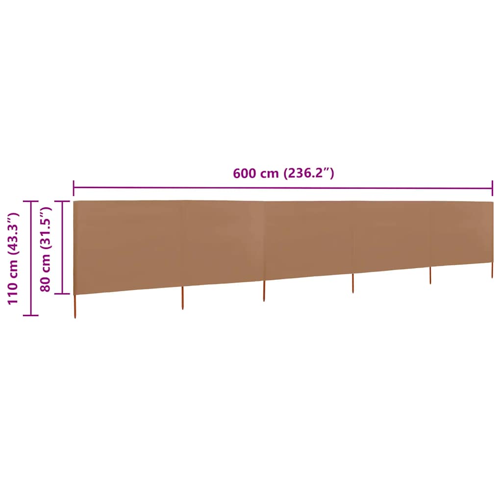 5dílná zástěna proti větru látková 600 x 80 cm taupe