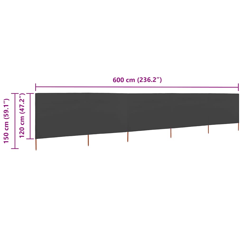 5dílná zástěna proti větru textil 600 x 120 cm antracitová