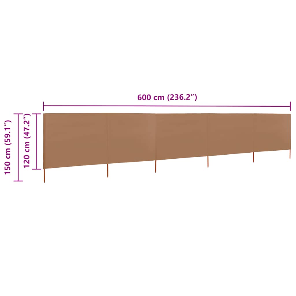 5dílná zástěna proti větru textil 600 x 120 cm taupe