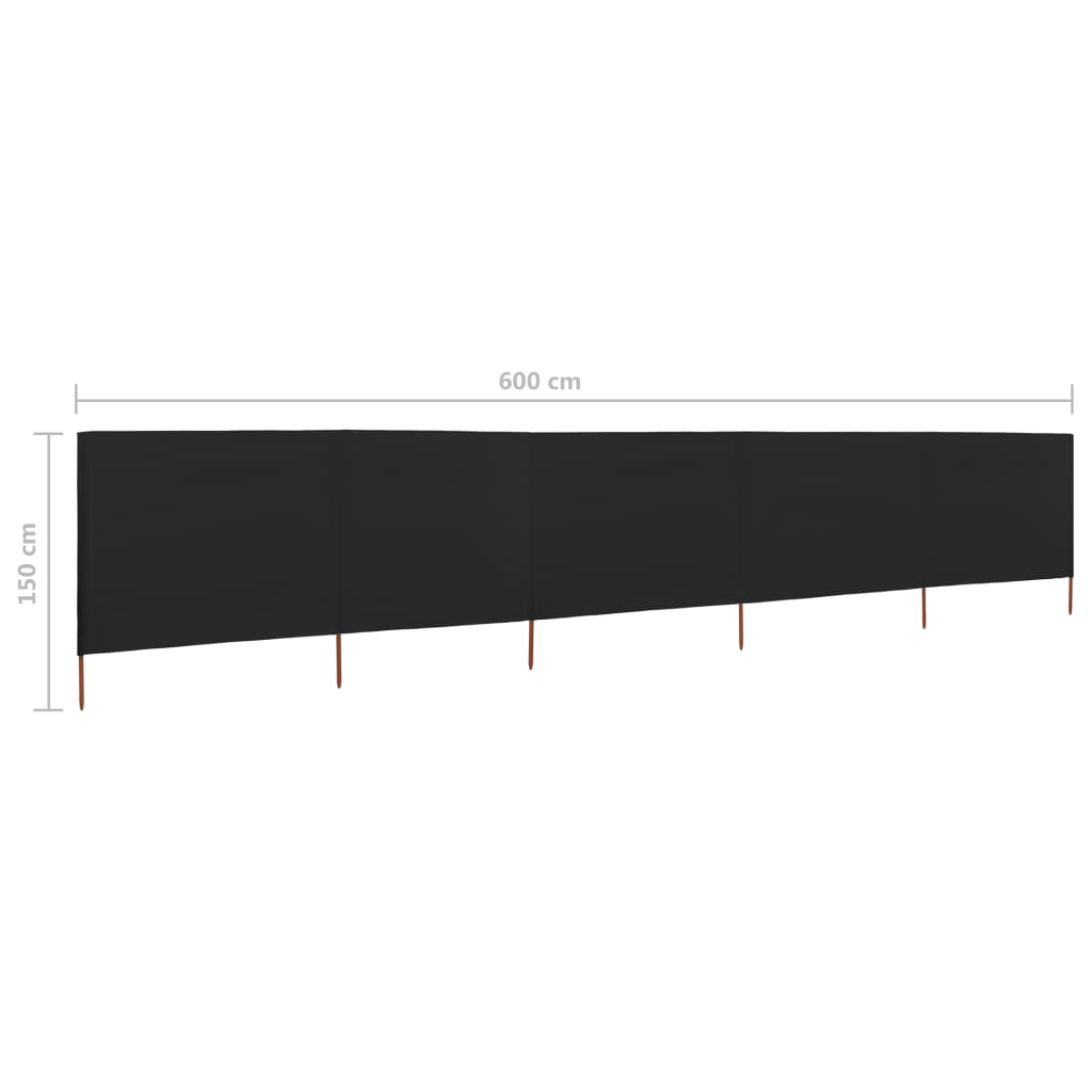 5dílná zástěna proti větru textil 600 x 120 cm černá