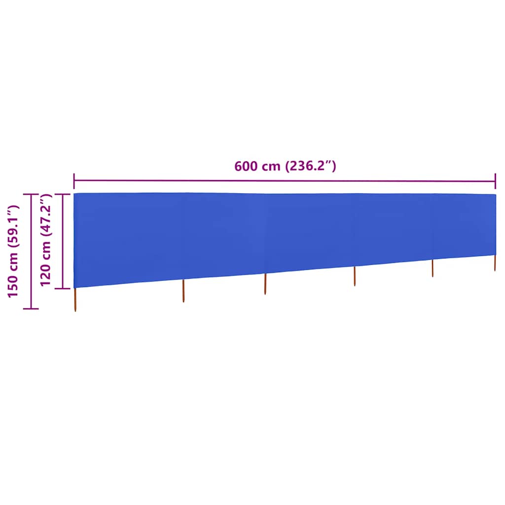 5dílná zástěna proti větru textil 600 x 120 cm azurově modrá