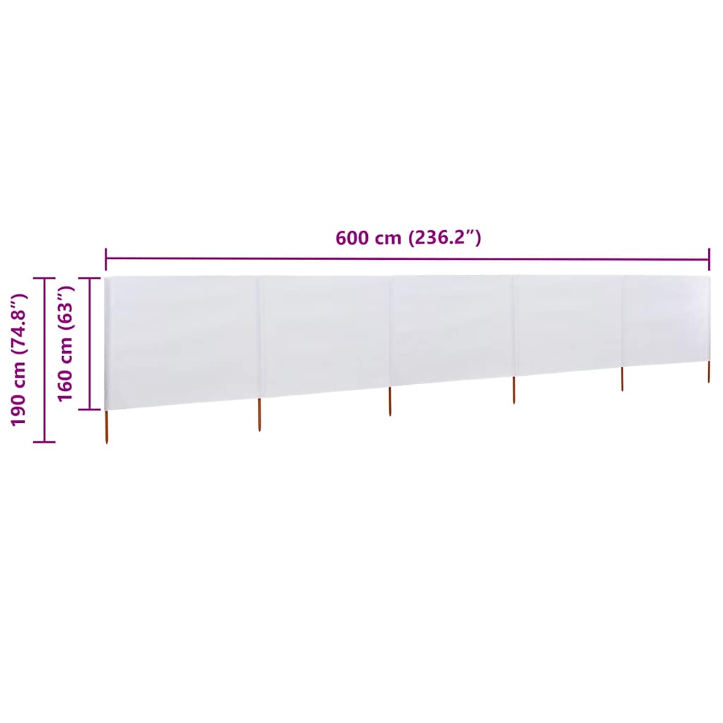 5dílná zástěna proti větru textil 600 x 160 cm pískově bílá