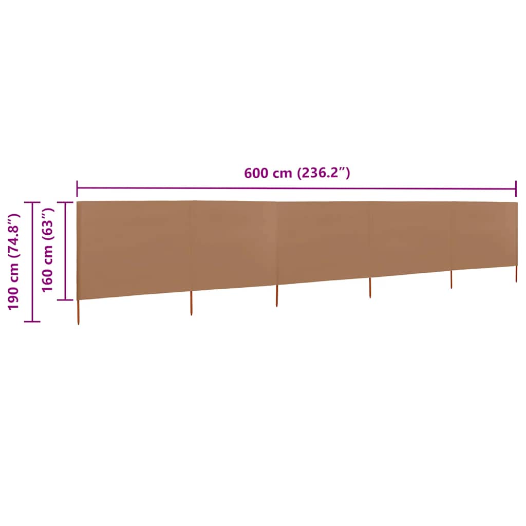 5dílná zástěna proti větru textil 600 x 160 cm taupe