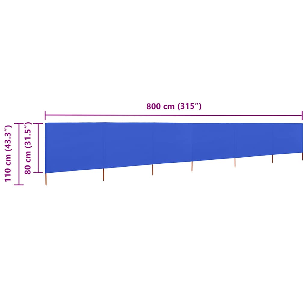6dílná zástěna proti větru látková 800 x 80 cm azurově modrá